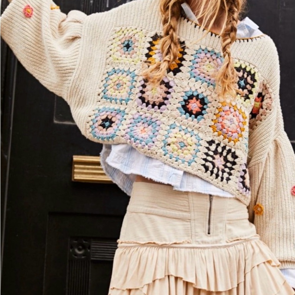 Free People Colorful Crochet Patch Sweater - Picture 5 of 6